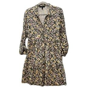 Derek Heart Floral Ruffle Long Sleeve Dress Collared Button Front Size L